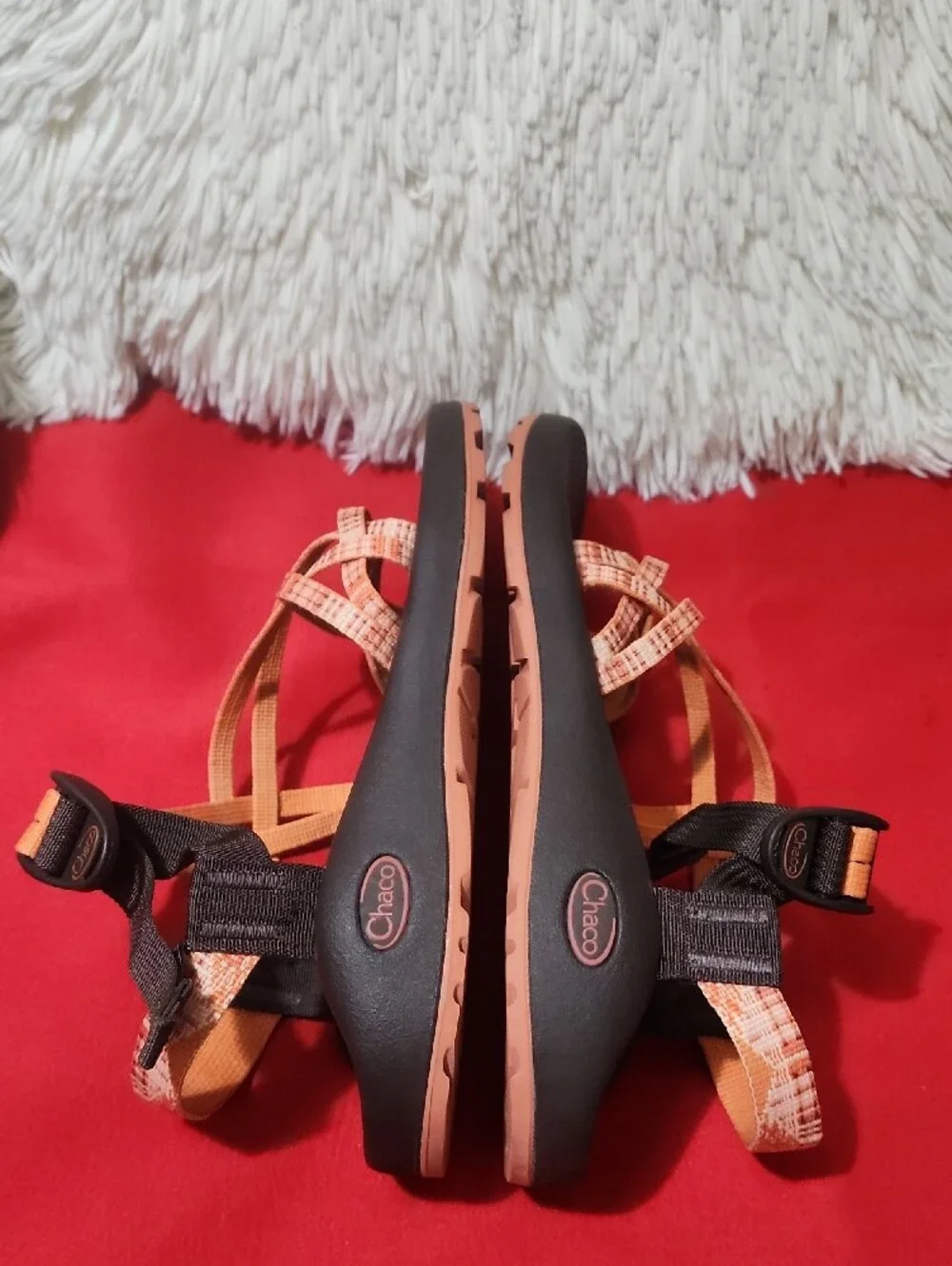 Chaco Women's Strappy Sandals in Coral Orange and Brown